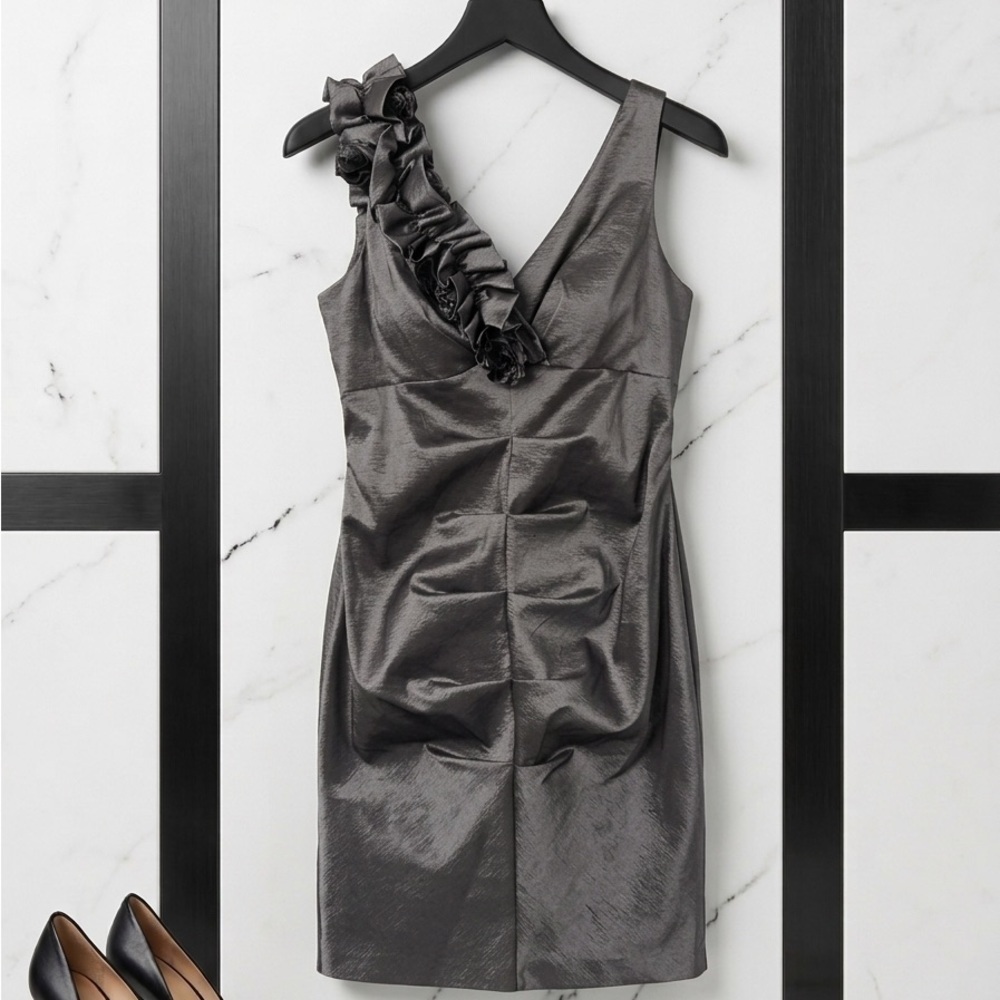 R&M Richards One-Shoulder Ruffle Satin Sheath Dress in Charcoal- size 10